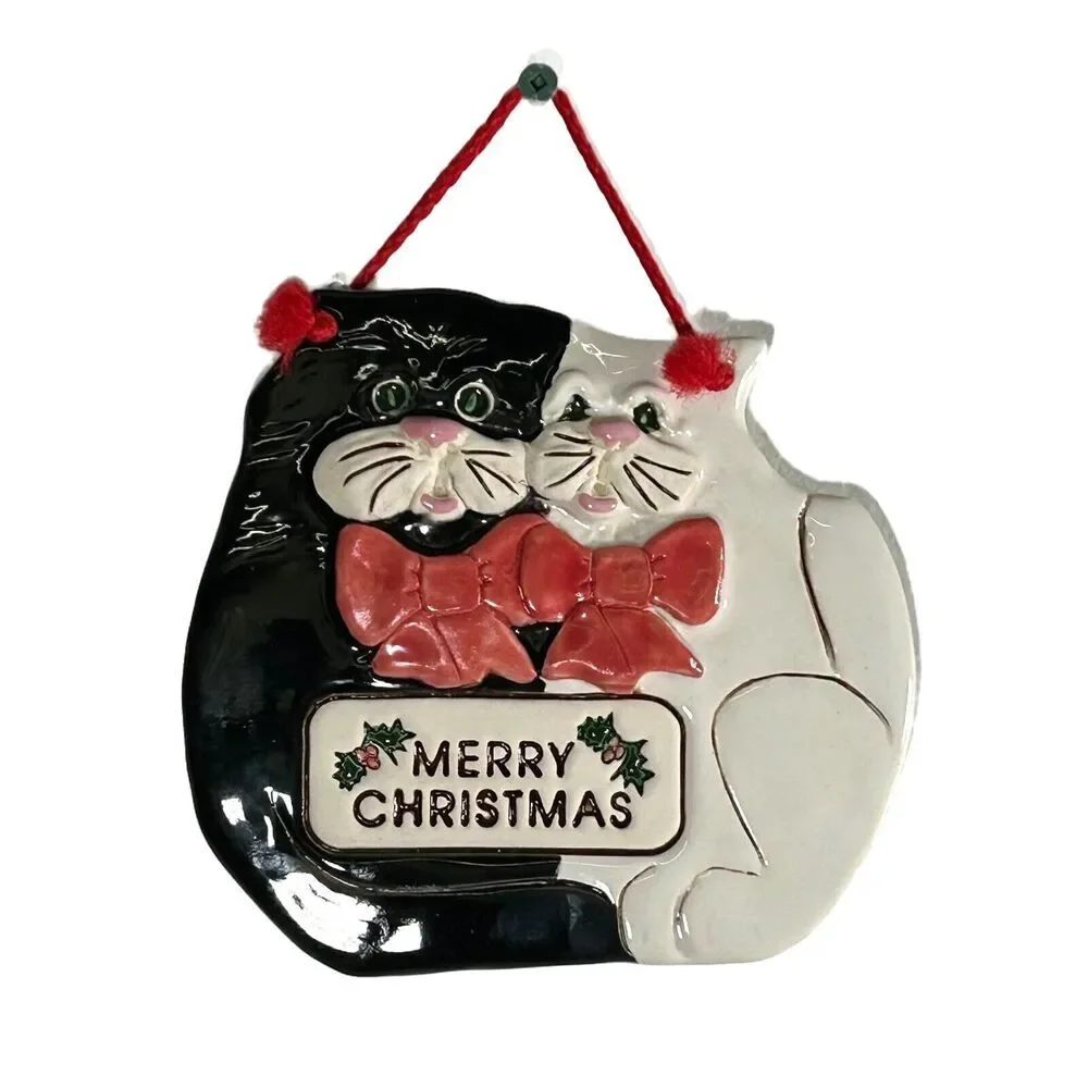 Vintage Smoky Mountain Pottery Cat Wall Hanging Art Merry Christmas Kitten SMP
